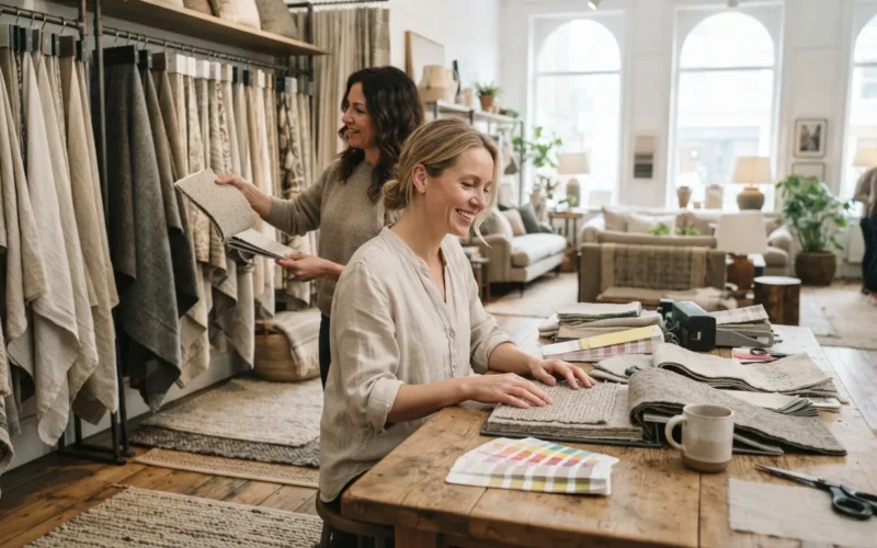 a stylish interior showroom with fabric samples and rugs