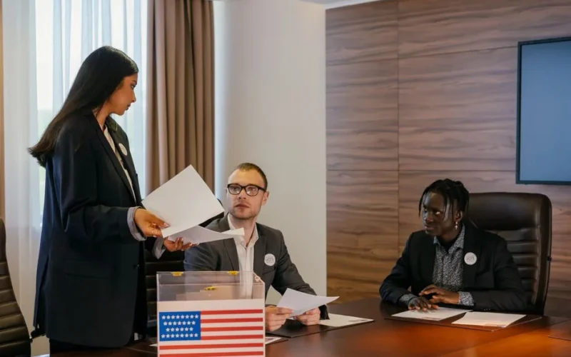 A diverse group of professionals deliberating in a conference room about election plans.