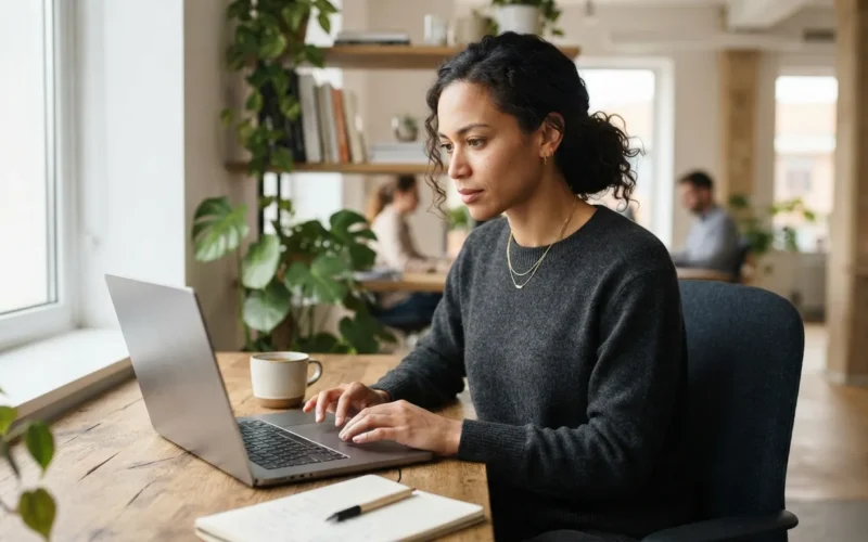 a professional worker sitting at a desk with a laptop