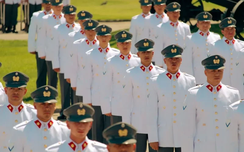 Chilean servicemen in ceremonial formation at military parade in Maipú, Chile.