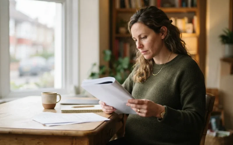 a pregnant woman reading documents