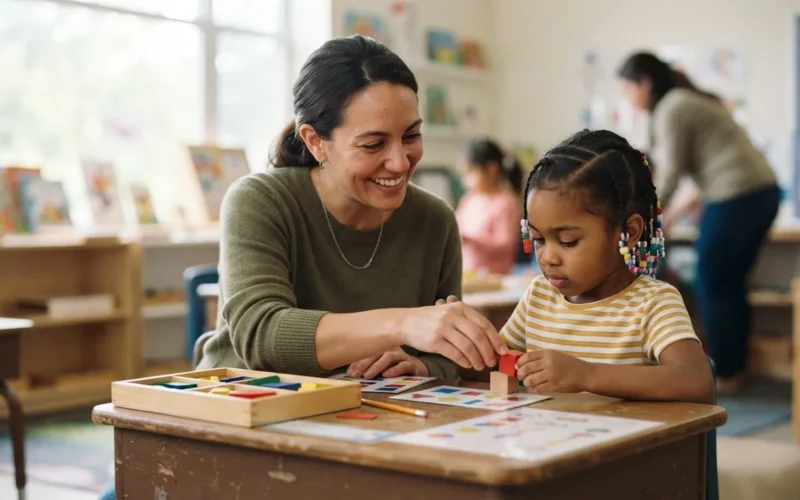 a teacher sitting with a young child at a desk, using colorful learning materials