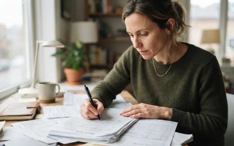 a person filling out financial documents at a desk