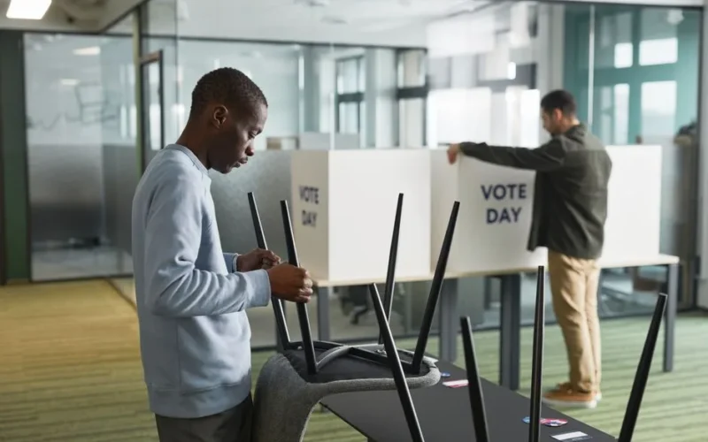 Men preparing voting booths indoors for election day, enhancing democracy.