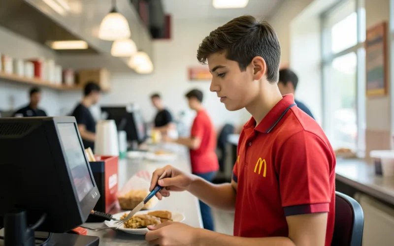 a teenager or young person in McDonald's uniform at work