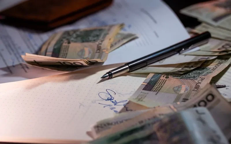 Overhead view of Polish banknotes, documents, and a pen on a desk, highlighting financial planning.