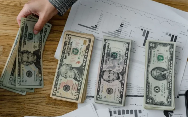 Person holds US dollars over financial papers, showing income or budget analysis.