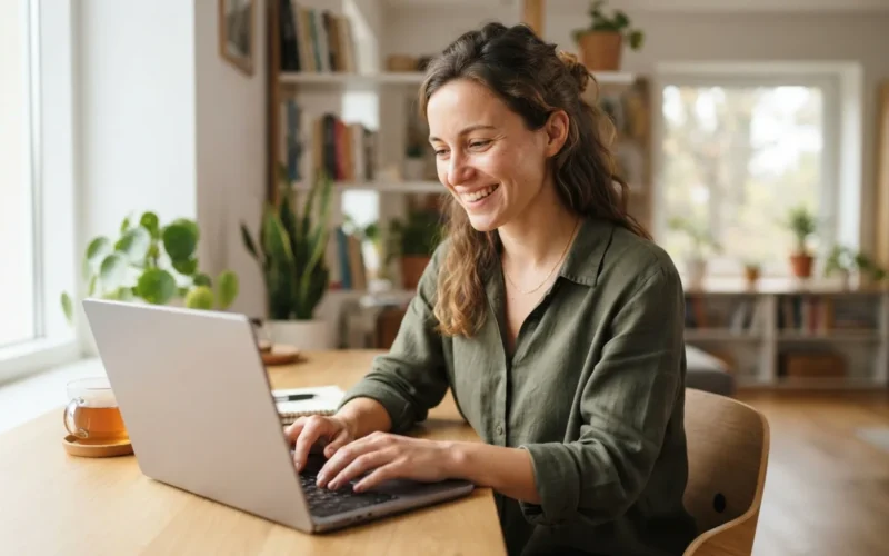 a young woman smiling at a laptop in a bright modern room