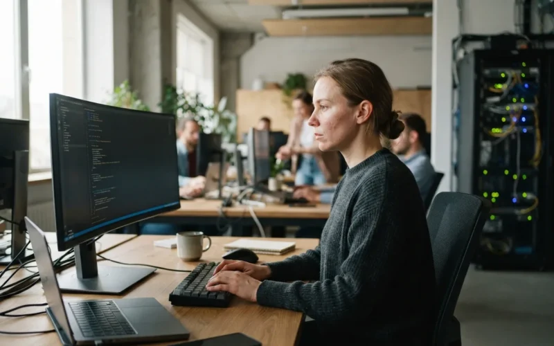 people working in a modern office with computers and servers