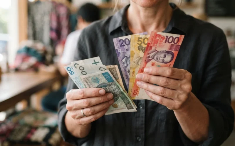 a person holding Philippine peso and Polish zloty banknotes