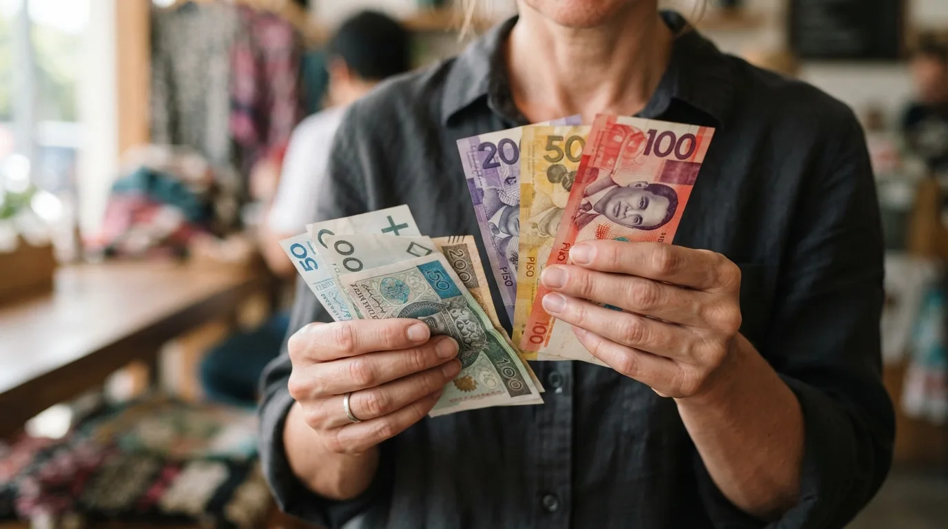 a person holding Philippine peso and Polish zloty banknotes
