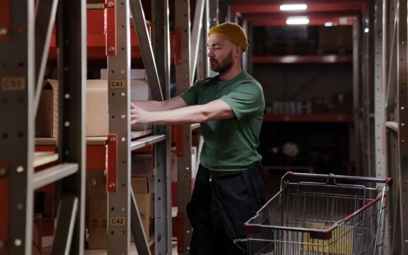Male warehouse worker in a beanie organizes inventory on shelves with a push cart indoors.