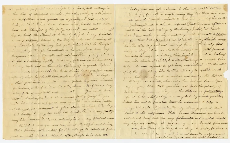 Manuscript letter Archives Number: 1011/002.001-002#012 Boston June 11th 1832. –  Being at last fairly ensconced at home, dear Sue, and having become somewhat accustomed to the sober routine of this quakerlike place, after the bristle and constant occupation I have of late been subjected to, I sit down with delight to write to you, with the hope of again receiving such a sweet letter as I seized with such eagerness at Washington, when I was afraid I was almost forgotten by my friends, so “fort and few between” were their communications.  Yes – this journey is indeed over, and here am I returned at last to Boston and Beacon St.  Never did I enjoy travelling more, or appreciate the beauties of the Common and its muddy frog pond so well as now!  But when we first arrived, it seemed here like some town in the midst of the country, or a deserted city so quiet and orderly did every thing appear.  No carts, no dandies, and, (last not least) no pigs which had so continually greeted our vision in every place we had visited, not excepting the neat Philadelphia, which I prefer above all places, but Boston.  As you well know, the commencement of our travels was [p. 2] not quite so propicious [sic] as it might have been, but nothing in the line of adventure occurred afterward, worthy of note, except one misfortune which grieved me especially.  I had a sketch-book, in which I had drawn several views, besides divers caricatures, and likenesses of the party, and as I was seated on a wood box, on board the Steamboat to New York, just having finished a very flattering likeness of Mr Brigham, who was humming at my elbow (who by the way had just declared that he thought he must go through Connecticut, on his way home, since Miss Benjamin was in Norwich) well – as I was thus gazing about me, I felt [crossed out: a] something lightly touch my feet, and on looking down, lo! my book was in the water, floating off in grand style.  I was in despair, and told Mr B. he should have jumped overboard after it, which he did not seem much inclined to do I must say. – Alas! poor book! do doubt in some future day, some romantic fisherman, will find it in his nett [sic], whence will follow a long tale, full of mysteries and romance!  You must know that in Washington I met at a dinner party Judge Wayne, with whom I had a long, and very agreeable conversation, partly about  you, and endeavoured to get a chance to speak to Mrs Wayne, but hardly knowing her, could not succeed.  She is a very pretty lady-like woman I think, and certainly he is a very pleasant man.  Oh!  I do so wish you were here (not at all selfish considering these piercing east winds) for I do not go to school at present, and we could see each other so often, though to be sure we [p. 3] hardly ever can get a chance to stir out, except “between the drops,” for not a single sunny day has there been since we arrived. (small contrast to the balmy airs of the south). –  Yesterday I met M.AS. who informed me that tomorrow afternoon was to be the last meeting of the Sewing Circle, but I dont [sic] think I can make up my mind to go without dearest Substance, for fear that I should not be noticed at all in my ethereal caracter [sic]. – The other day as I was crossing Common St, hardly [illegible]ing a stage which was about to intercept my path, perceived somebody bowing and kissing their hand to me, and on looking up, who should I behold, but Stew. Newton – just arrived from N.Y. and [crossed out: was] rejoiced to get home, and declared with the rest of us, there is nothing like Boston, - it may be excelled in elegance, but certainly not in comfort and beauty.  Also Robert Apthorp has arrived, whom only Tom has yet seen. – You say in your letter, that you have not had the felicity of beholding my waesome visage in the Athenaeum – fortunately for it looks vilely, being in a very bad light and position, Indeed Tom was so provoked that he endeavored to take it away, but could not succeed. – The only redeeming grace is, that it is not at all conspicuous.  Those famous Bavarians are here à present – and have had two very fashionable and crowded concerts.  They sing exquisitely – the perfection of music – I would fain write more, but Mary is calling to me to go to walk, for the sun has appeared for a mensel, so adieu! dearest – write me soon and believe me your ever faithful Shadow. – [p. 4] Tues. Oh! what a splendid day!  I have really been gazing at the sun as a wonder, and who can realise that this refreshing breeze could so soon succeed such weather as we have had.  Mary and I are frantic to get into the country, and have fortunately found an exquisite place at Newton, where we can ruralise to our heart’s content but pray write me, dearest, and direct your letter to J. W. Paige & CO, and I shall get it wherever I may be.  Give my best love to dear Mary, and tell her all the beaux are expiring in her absence – Fan.  Addressed: Miss Susan Benjamin. - / Care of J. Lanman Esq / Norwich. - / Conn. –  Postmark: BOSTON / JUN 12 MS Keywords: correspondence; frances elizabeth (appleton) longfellow; long archives; frances e. a. longfellow papers (long 20257); Correspondence (1011/002); (LONG-SeriesName); Letters from Frances Longfellow (1011/002.001); (LONG-SubseriesName); 1832 (1011/002.001-002); (LONG-FileUnitName)