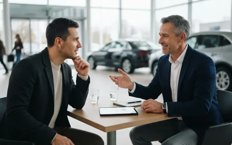 a car salesman talking to a customer in a showroom