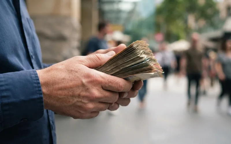 a person holding a stack of banknotes