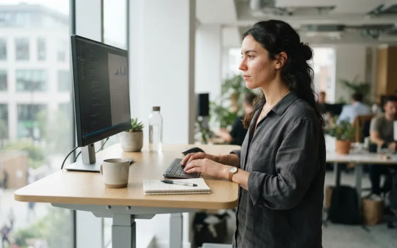 a person working at a modern adjustable desk in an office