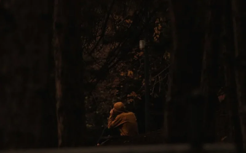 A person in yellow clothing sits alone in a dark Ankara forest, surrounded by trees.