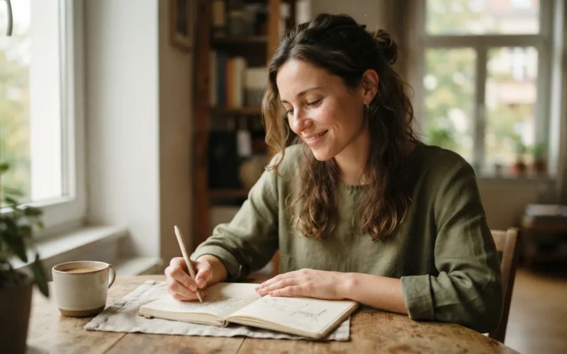 a woman writing in a notebook with a peaceful expression