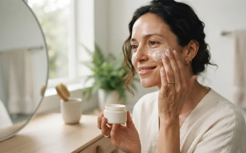 a woman applying skincare product to her face