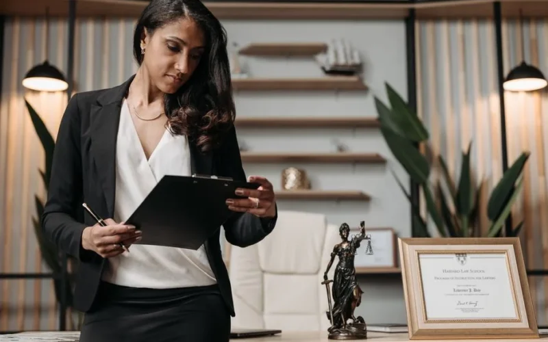 Confident businesswoman reviewing paperwork in a modern law office setting.