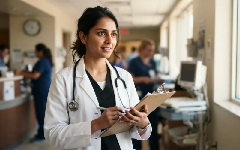 a young doctor in a white coat at a hospital