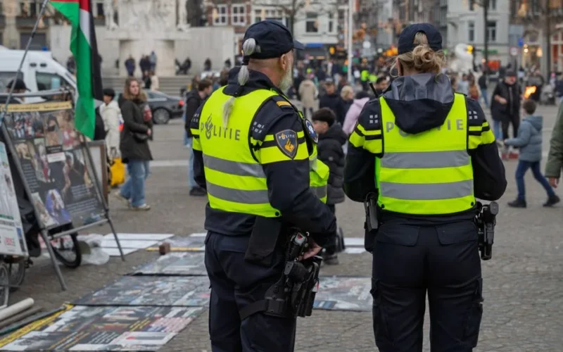 Two Dutch police officers monitor a busy square in Amsterdam, ensuring public safety.