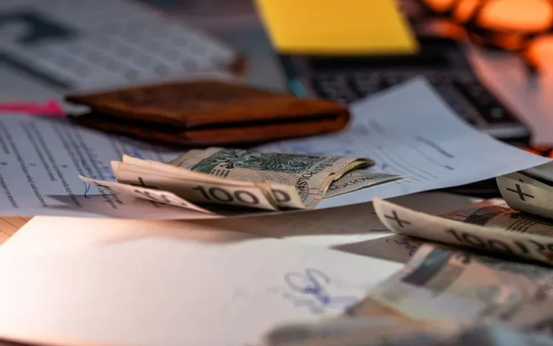 Zloty banknotes and financial paperwork scattered on a desk, representing budgeting and finance.