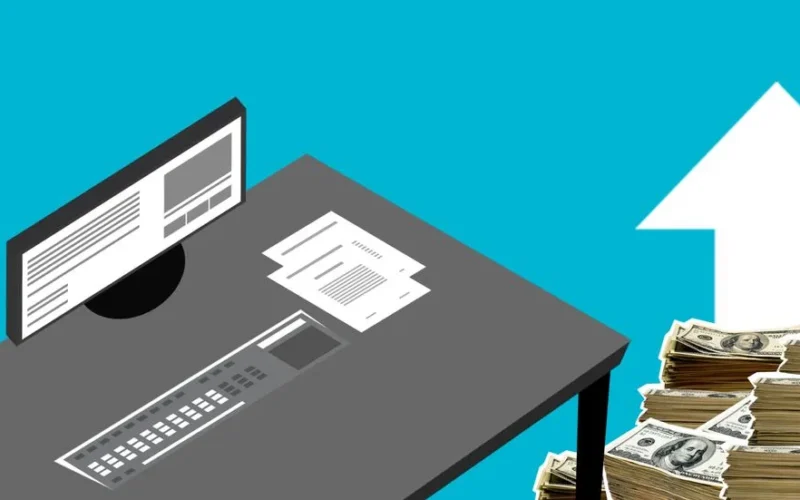 Illustration of modern computer and documents with cash and arrow up showing increase of incomes against blue background