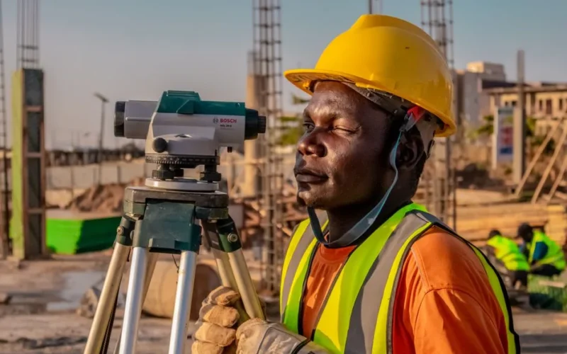 A construction worker using a theodolite for land surveying at a building site.
