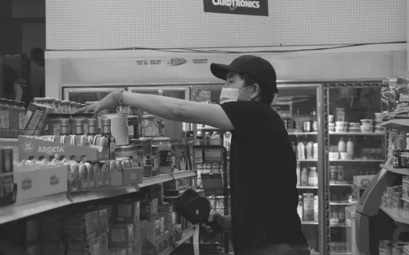 Monochrome photo of a masked worker organizing canned goods in a grocery store.