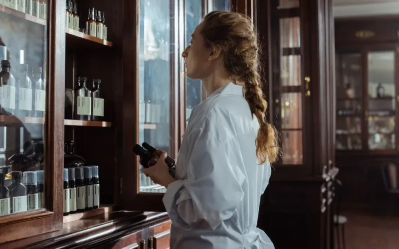 Woman in white coat examines medicine bottles in a vintage pharmacy setting.