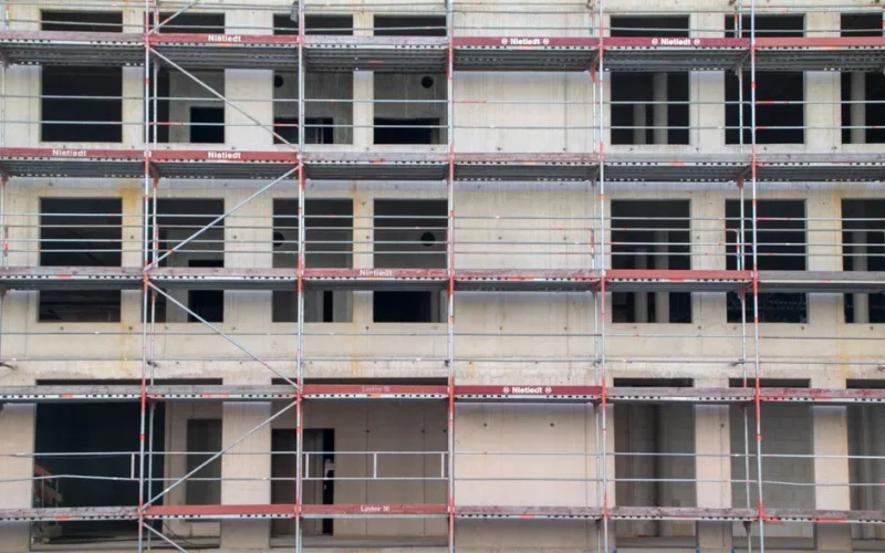 Scaffolding structure on a building construction site in Hamburg, Germany.