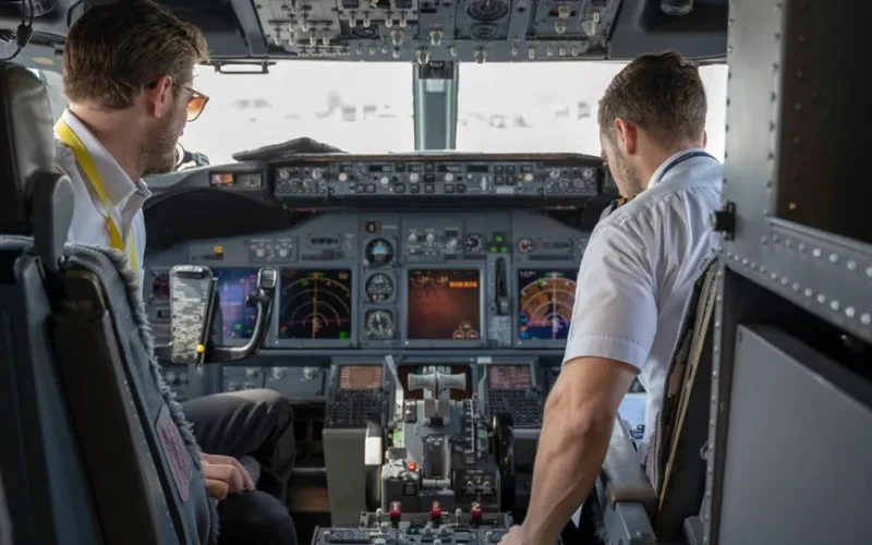 Two pilots navigating an aircraft cockpit, focused on advanced avionics and flight systems.