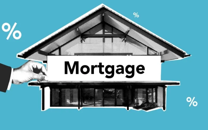 Cutout paper composition of realtor with inscription mortgage over house for purchases with payment of interest on amount of cost