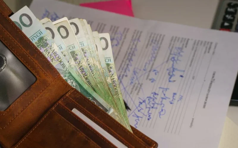 Close-up of a wallet containing Polish Zloty with a signed document in the background, representing financial transactions.