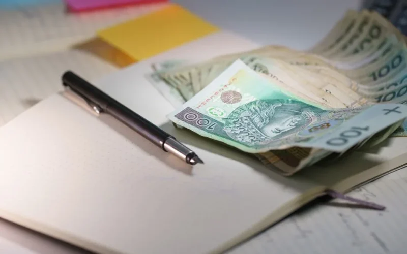 Close-up of Polish Zloty banknotes on an open notebook with a pen, symbolizing finance and budgeting.