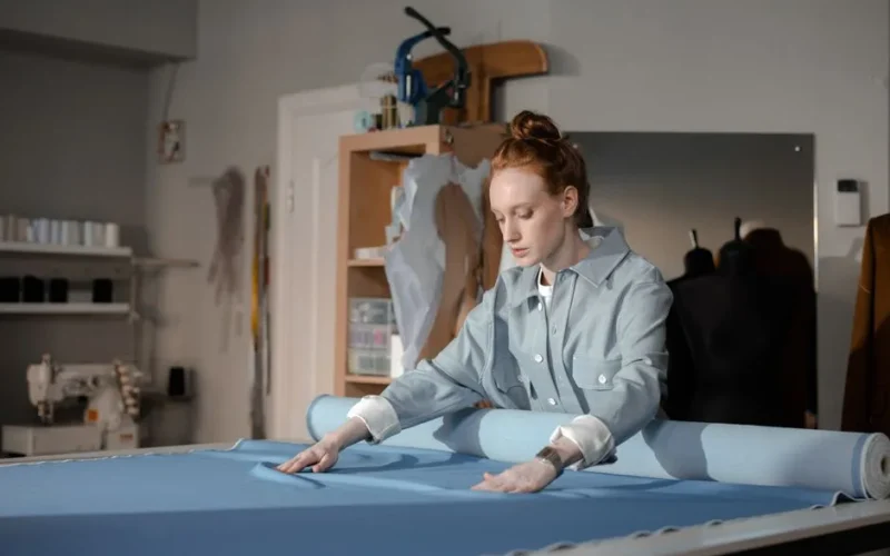 A fashion designer working with fabric in a studio, deeply focused and professional.