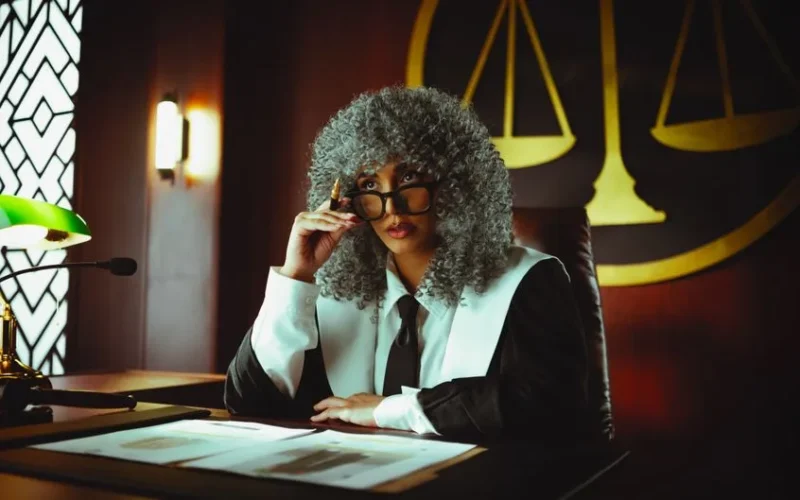 Judge in traditional attire sits at a courtroom desk with a serious expression.