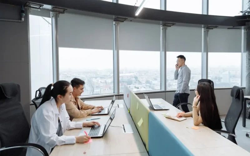 Business team working in a modern office setting with city view.