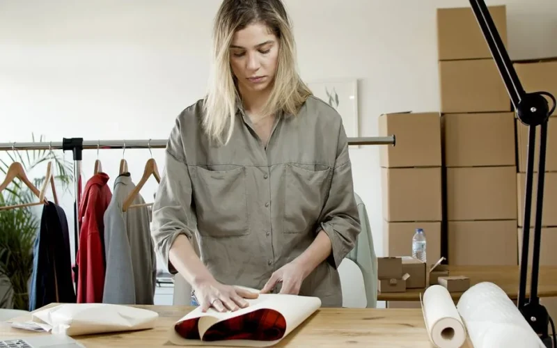 A woman in an office packing clothes with wrapping paper for online store sales.