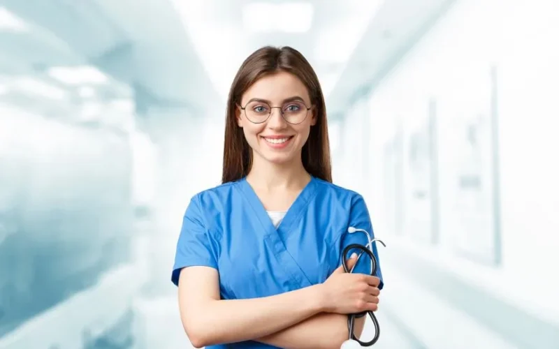 Young nurse in blue scrubs smiling and holding a stethoscope in a hospital corridor.