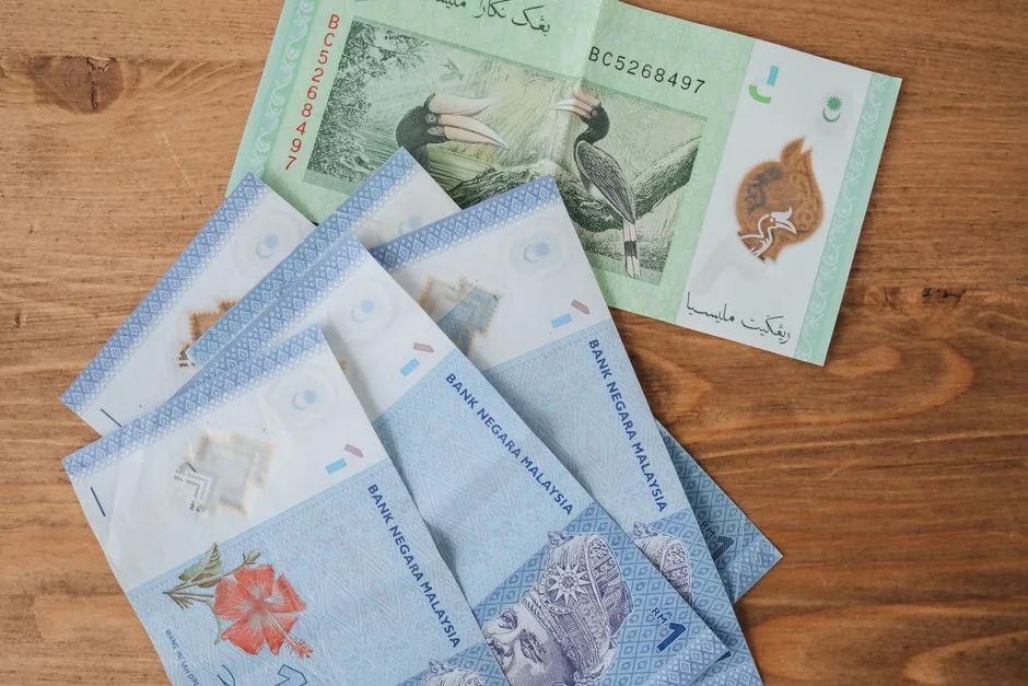 Collection of Malaysian Ringgit banknotes in various denominations displayed on a wooden background.