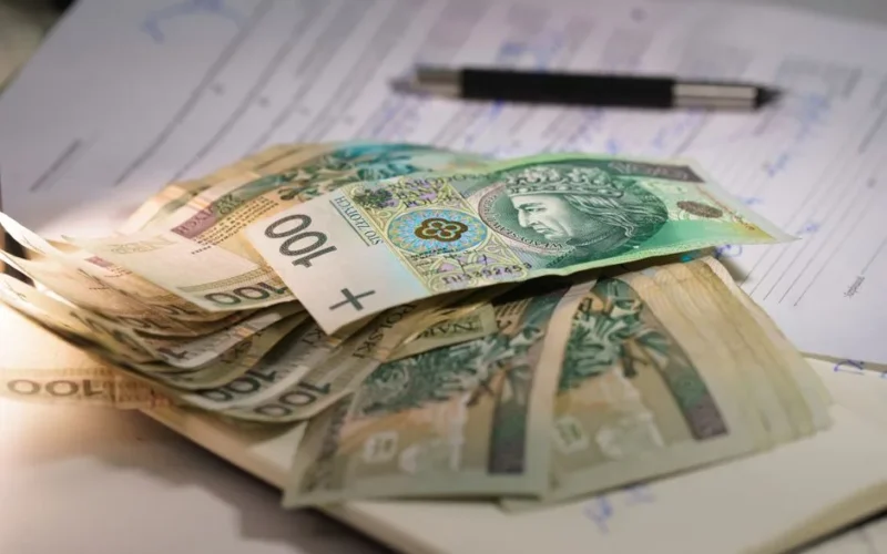 Stack of Polish zloty banknotes on financial documents with a pen, indicating monetary transactions in an office setting.
