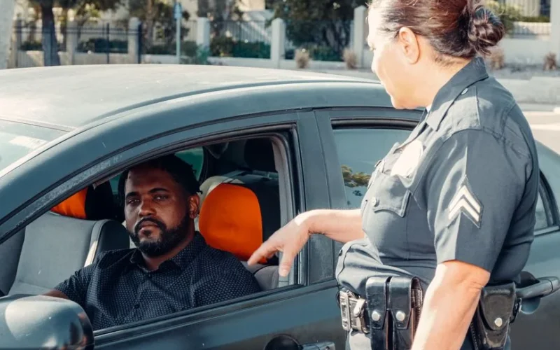 A police officer interacting with a driver for a traffic violation outdoors.