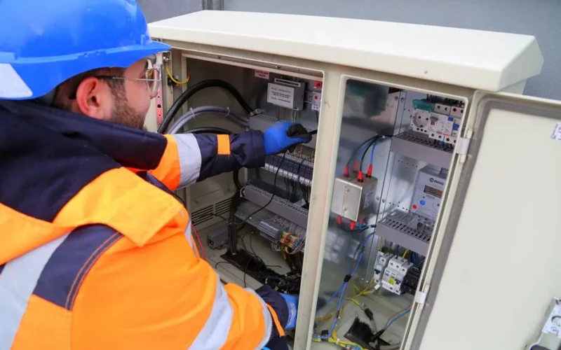 Engineer in safety gear working on an outdoor electrical panel, ensuring system functionality.