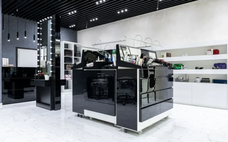 Modern cosmetic store with sleek display units and shelving, showcasing products in a stylish interior.
