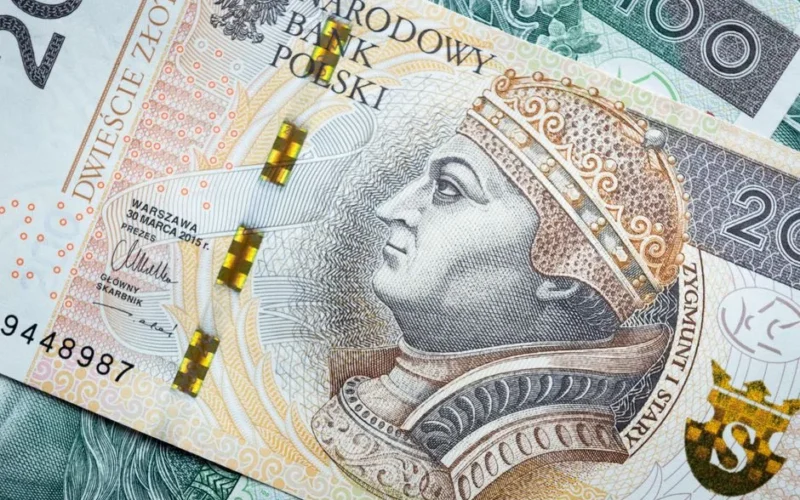 High-resolution image of Polish currency banknotes showcasing intricate design and security features.